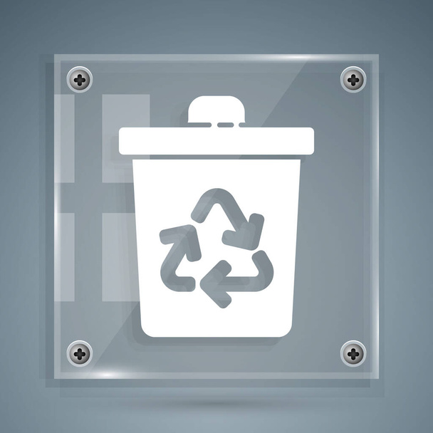 White Recycle bin with recycle symbol icon isolated on grey background. Trash can icon. Garbage bin sign. Recycle basket sign. Square glass panels. Vector Illustration - Vector, Image