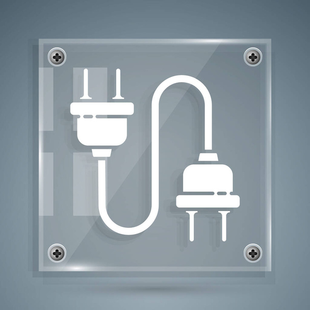 White Electric plug ikona izolované na šedém pozadí. Pojem připojení a odpojení elektrické energie. Čtvercové sklo. Vektorová ilustrace - Vektor, obrázek