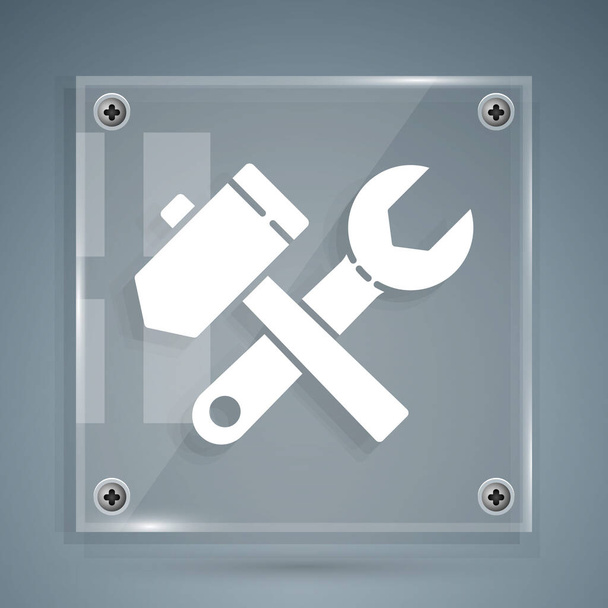 White Crossed hammer and wrench spanner icon isolated on grey background. Hardware tools. Square glass panels. Vector Illustration - Vector, Image