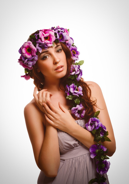 Model beautiful woman face head close-up beauty, wreath flowers - Foto, Imagem