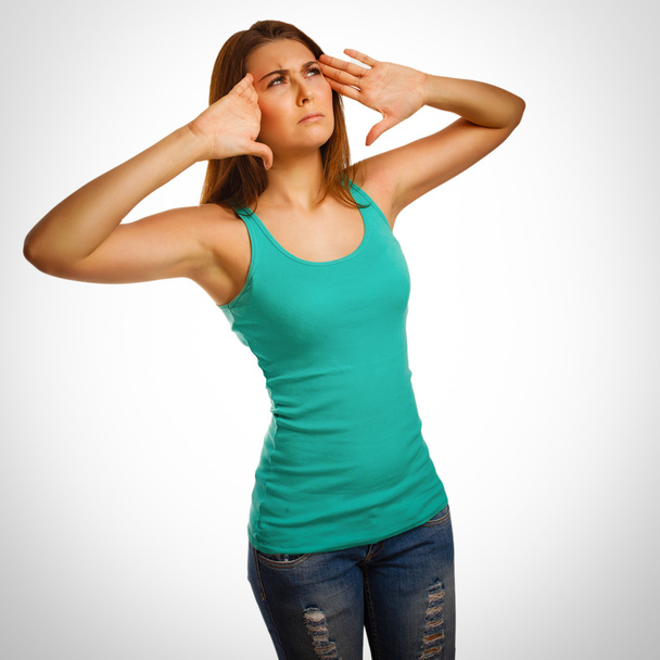 Cansado mulher dor estresse dor de cabeça, segurando as mãos atrás da cabeça
, - Foto, Imagem