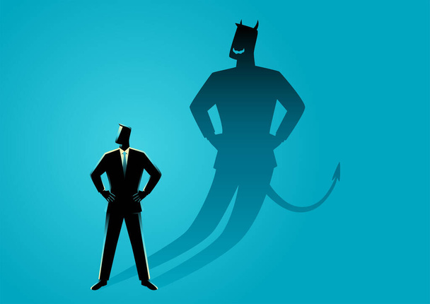 Векторная иллюстрация бизнес-концепции бизнесмена с его дьявольской тенью
 - Вектор,изображение