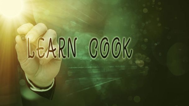 Konceptualne pismo ręczne pokazujące Learn Cook. Pokazywanie zdjęć biznesowych zdobywających wiedzę lub nabywających umiejętności kulinarne lub żywnościowe. - Zdjęcie, obraz