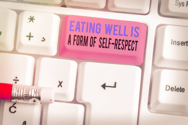 Woord tekst schrijven goed eten is een vorm van zelf respect. Business concept voor een citaat van het bevorderen van een gezonde levensstijl. - Foto, afbeelding