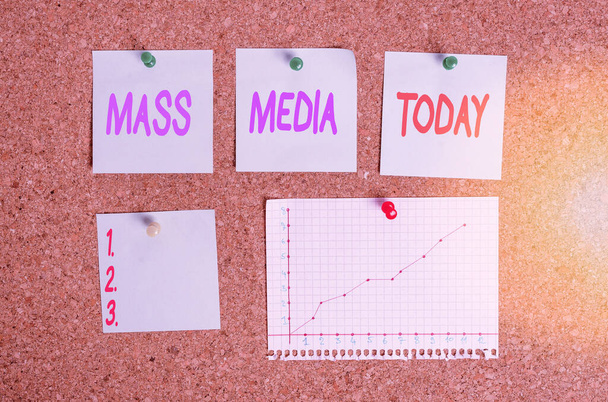 Handwriting text writing Mass Media. Concept meaning Group showing making news to the public of what is happening Corkboard color size paper pin thumbtack tack sheet billboard notice board. - Fotoğraf, Görsel