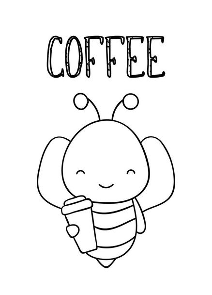 Coloring pages, black and white cute hand drawn bee doodle, lettering coffee, print - Vector, Image