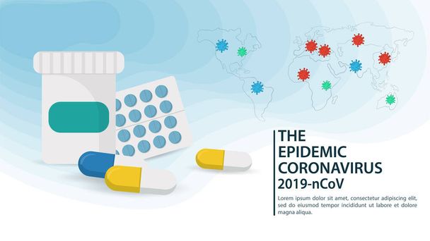banner for design, coronavirus pandemic, COVID-2019, 2019-nCoV, Medicine in tablets, jar, capsules, for treatment, on the background of the world map with infease, flat vector illustration - Вектор, зображення