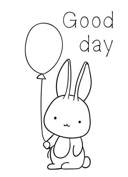 Dibujos para colorear, blanco y negro lindo conejito dibujado a mano con doodle globo de aire, letras buen día, impresión
 - Vector, Imagen
