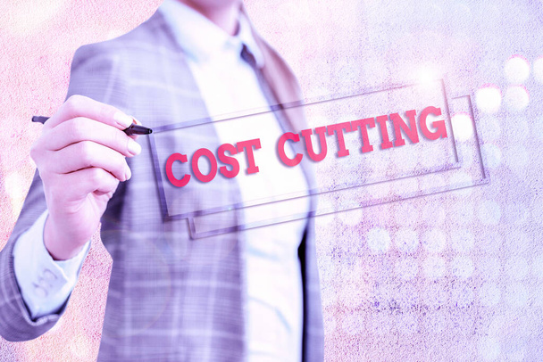 Conceptual hand writing showing Cost Cutting. Business photo showcasing actions taken to reduce the amount that is spent on a service. - Photo, Image