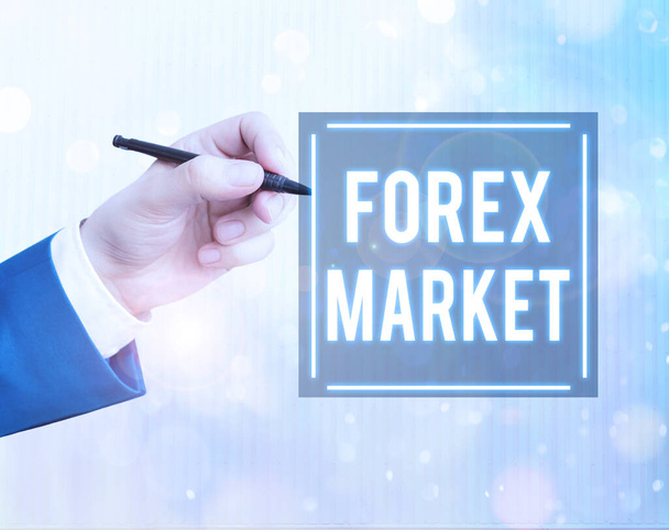 Escrita mão conceitual mostrando mercado Forex. Mercado de texto de foto de negócios que define a taxa de câmbio das moedas globais
. - Foto, Imagem