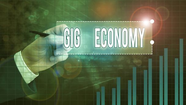 Σήμα κειμένου που δείχνει Gig Economy. Εννοιολογικό σύστημα ελεύθερης αγοράς φωτογραφιών στο οποίο οι προσωρινές θέσεις είναι κοινές. - Φωτογραφία, εικόνα