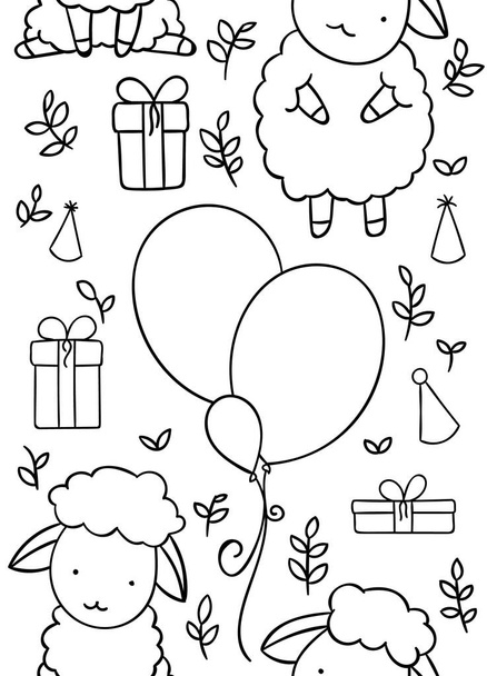 seamless pattern, black and white cute hand drawn sheepand air balloon and gift doodle, coloring pages - Διάνυσμα, εικόνα