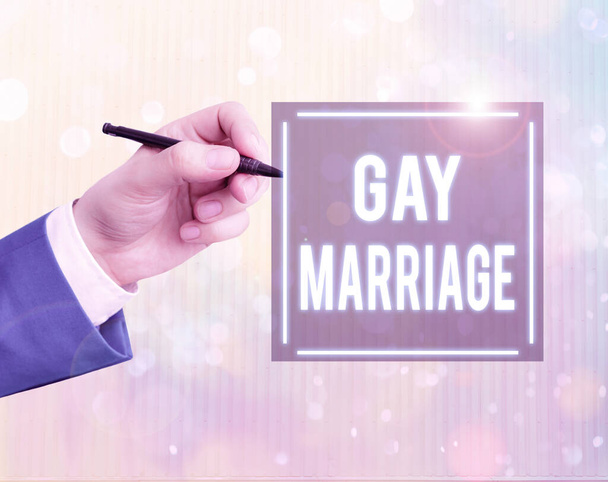 Conceptual hand writing showing Gay Marriage. Business photo text entered into in a civil or religious ceremony of the same sex. - Foto, Bild