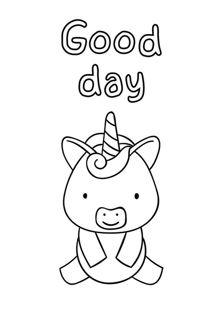 Dibujos para colorear, garabatos de unicornio dibujados a mano en blanco y negro, letras buen día
 - Vector, Imagen