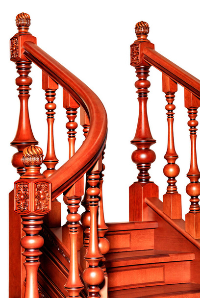 Sirpale kaunis puinen portaikko kuvioitu veistetty kaareva tolpat ja kaiteet ja sävytetty mahonki, eristetty valkoisella pohjalla
. - Valokuva, kuva