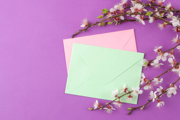 Цветущая ветвь. Весенние цветы и цветные конверты на ярком сиреневом фоне. вид сверху
 - Фото, изображение