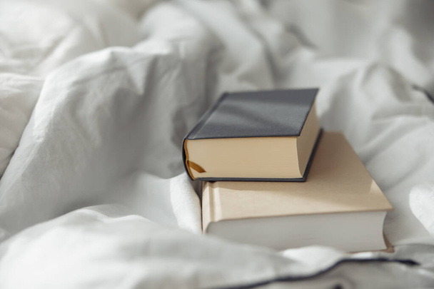 two books gray and beige on a white bedding quilt and sunbeams - Fotoğraf, Görsel