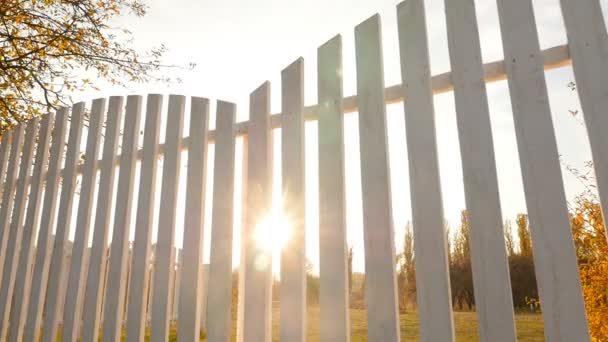 White fence made of wood. Closed area. Bright rays of the sun. Slow motion - Felvétel, videó