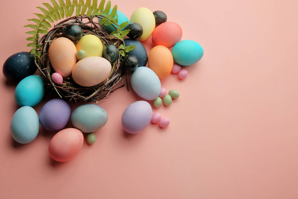 Multicolored eggs and lollipops in a nest on a pink background with a sprig of fern, Easter. - Photo, Image