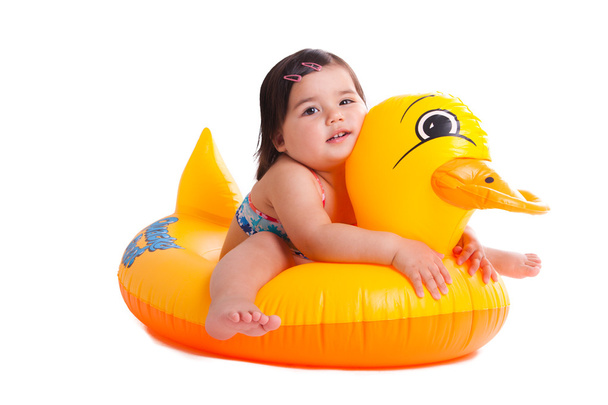 entzückendes Kind sitzt auf einer Ente - Foto, Bild