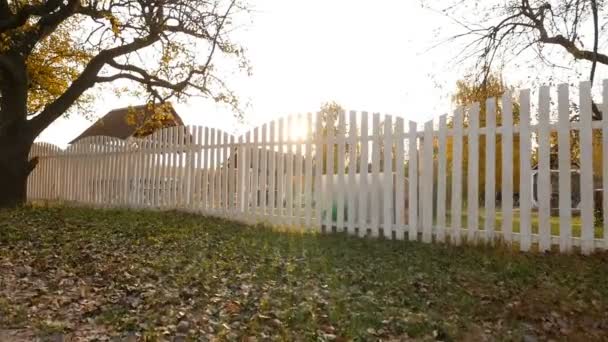 City park in the fall. White wooden fence. Bright rays of the sun - Video, Çekim