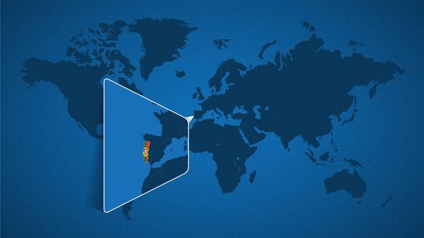 Подробная карта мира с приколотой расширенной картой Португалии и соседних стран. Флаг Португалии и карта
. - Вектор,изображение