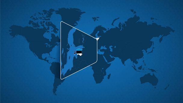 Yksityiskohtainen maailmankartta, johon on kiinnitetty Viron ja naapurimaiden laajennettu kartta. Viron lippu ja kartta
. - Vektori, kuva