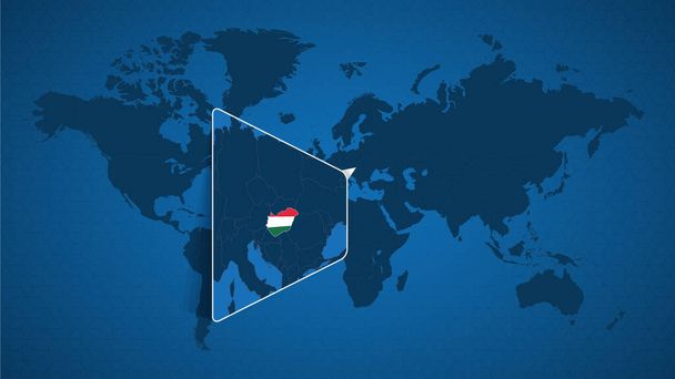 Подробная карта мира с приколотой расширенной картой Венгрии и соседних стран. Флаг Венгрии и карта
. - Вектор,изображение