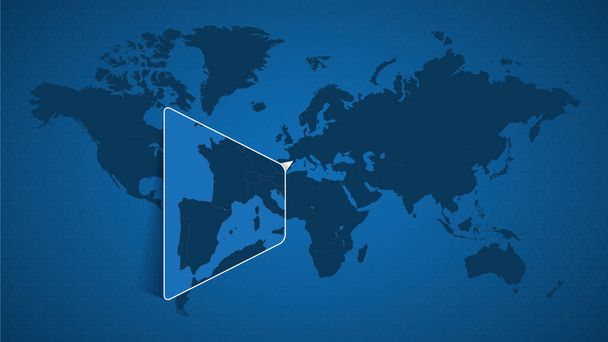 Подробная карта мира с приколотой расширенной картой Андорры и соседних стран. Флаг Андорры и карта
. - Вектор,изображение
