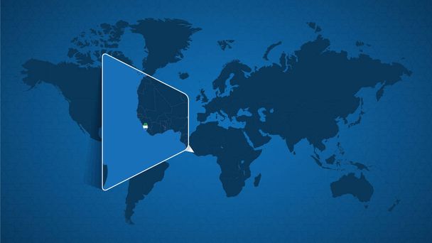 Подробная карта мира с приколотой расширенной картой Сьерра-Леоне и соседних стран. Флаг и карта Сьерра-Леоне
. - Вектор,изображение