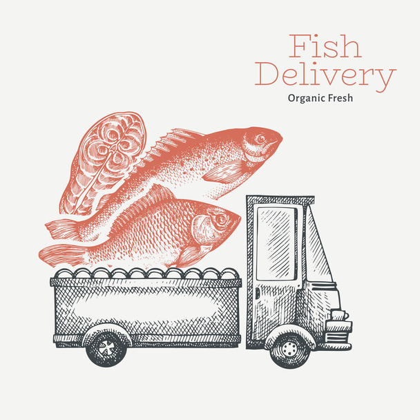 Fish shop delivery logo template. Hand drawn vector truck with fish illustration. Engraved style retro food design. - Vektör, Görsel