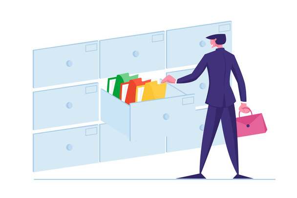 Office Clerk Character Searching for Files Into Filing Cabinet Drawer, Business Administration and Data Storage Concept. Businessman Take Documents in Archive Storage. Cartoon Vector Illustration - Vector, Image