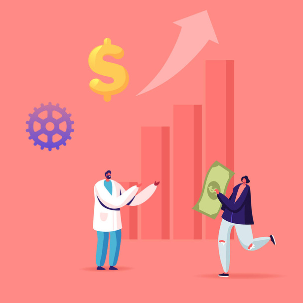 Medical Price, Medicine Services Cost and Expenses Concept. Female Patient Character Carry Huge Dollar Bill to Male Doctor in White Robe front of Grow Column Chart. Cartoon People Vector Illustration - Vector, Image
