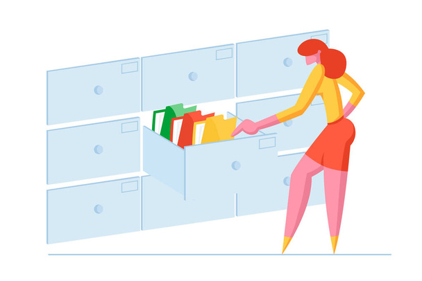 Businesswoman Take Documents in Archive Storage. Office Clerk Character Searching for Files In Filing Cabinet Drawer, Business Administration and Data Organization Concept (en inglés). Ilustración de vectores de dibujos animados
 - Vector, Imagen