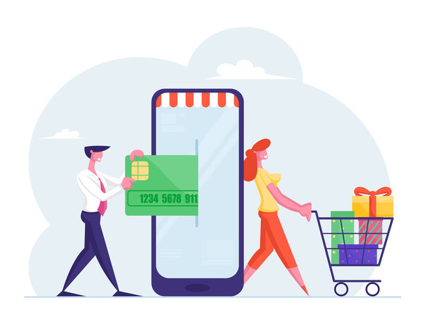 Online Shopping Concept. Customer Characters with Credit Card and Trolley Buying Goods at Huge Gadget Screen. Digital Marketing, Purchase, Internet Store Business. Cartoon People Vector Illustration - Vector, Image