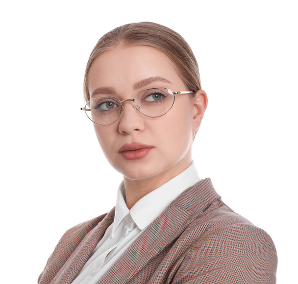 Portrait of young businesswoman on white background - Fotoğraf, Görsel
