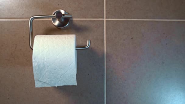 Roll of white toilet paper in a tiled bathroom - Materiał filmowy, wideo
