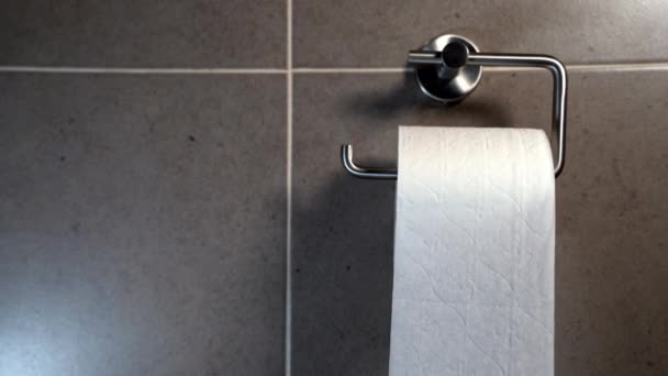 Roll of white toilet paper in a tiled bathroom - Materiał filmowy, wideo