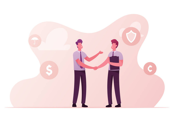 Aviation Accident Insurance Concept. Agent Character with File Folder in Hand Shake Hand to Client. Life and Health Financial Guarantee Contract, Handshake, Deal. Cartoon People Vector Illustration - Vector, Image