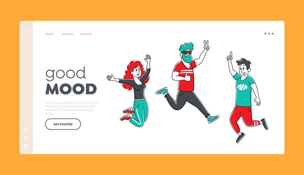 Happy Jumping People Landing Page Template. Office Workers Team or Friends Joy, Hipster Characters, Cheerful Corporate Employees, Young Students Group in Casual Clothes. Lineární vektorová ilustrace - Vektor, obrázek