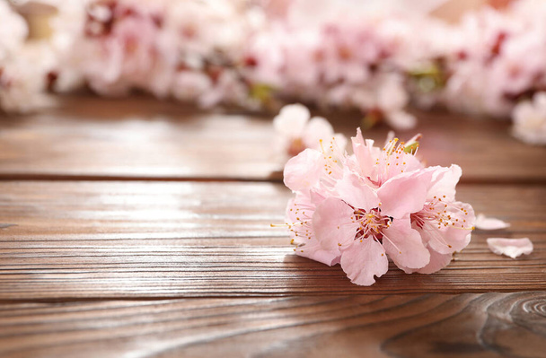 Wiosenna gałąź kwitnąca na drewnianym tle - Zdjęcie, obraz