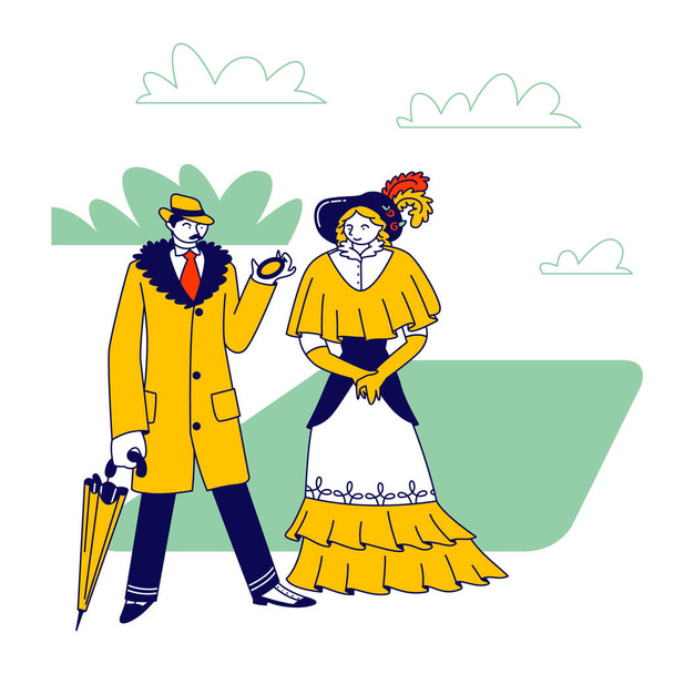 Elegancki mężczyzna Dandy i kobieta epoki wiktoriańskiej. Dżentelmen w płaszczu i kapeluszu Spojrzenie w kieszeni Zegar trzymać parasol w dłoni Lady w długiej sukience. Stare, modne postacie. Ilustracja wektora ludzi liniowych - Wektor, obraz