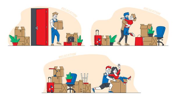 Set of Young People Relocation and Moving to New House. Family Couple Characters Hugging and Dancing in New Home with Unpacked Cardboard Boxes. Man and Woman Fooling. Linear People Vector Illustration - Vector, Image