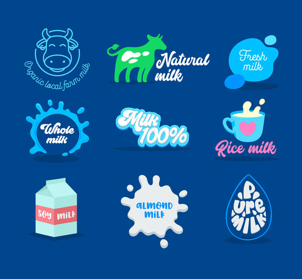 Kolekce mléčných a mléčných ikon s typografií. Čerstvé přírodní potraviny emblém Design, Splashes, kráva. Sójové mléko kartónové balení, Pohár s pitím Izolované na modrém pozadí. Vektorová ilustrace - Vektor, obrázek