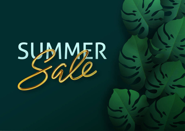 Hello summer, summertime, sale. Text poster against the background of tropical plants. Palm leaves, jungle leaf and gold lettering. The poster for sale and an advertizing sign. Vector illustration - Вектор,изображение