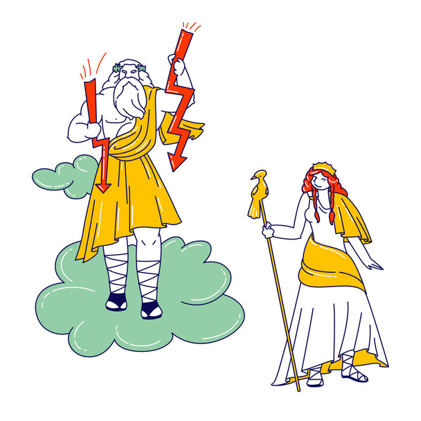 Řecké bohy Zeus, Jupiter nebo Jove a jeho manželka Hera nebo Juno na hoře Olympus. Fantasy Charakteristiky Řecka Božství Panteon z klasické řecké nebo římské mytologie. Vektorový obrázek lineárních osob - Vektor, obrázek