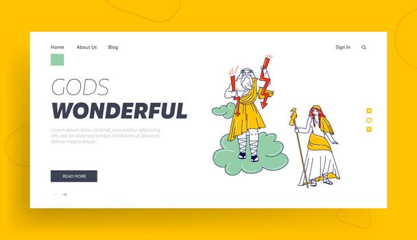 Greek or Roman Mythology Landing Page Template. Greek Gods Zeus, Jupiter or Jove and his Wife Hera or Juno on Olympus Mountain. Fantasy Characters Greece Deities. Linear People Vector Illustration - Vector, Image