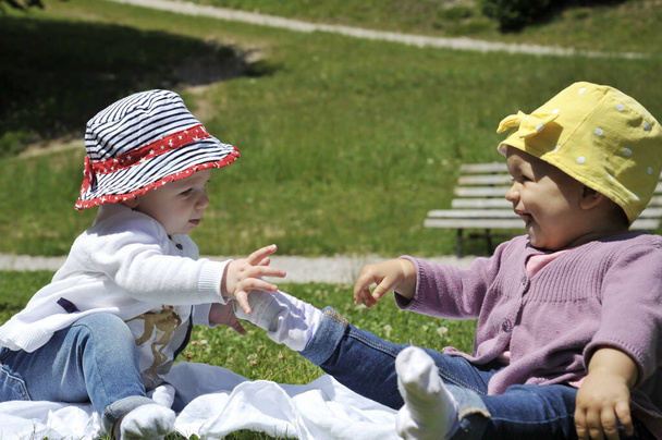 公園の芝生で一緒に遊んでいる2人の陽気な白人の赤ん坊の女の子。母親、子供時代、友情、夏休みの概念. - 写真・画像