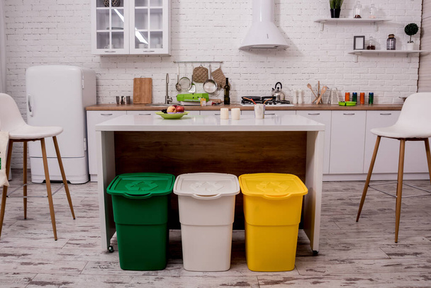 Recycle bins in the kitchen. Household waste sorting.  - Photo, Image