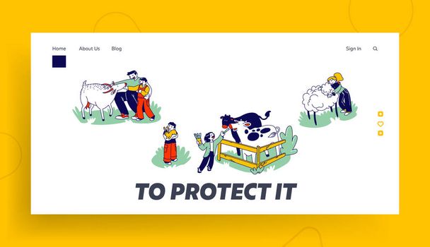 Little Kids Visit Farming Zoo with Parents Landing Page Template. Children Characters Petting Domestic Animals Care of Cows, Sheep, Rabbits and Goat on Weekend. Linear People Vector Illustration - Vector, Image